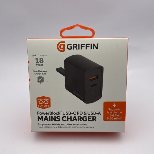 Griffin Powerblock Dual USB-C 15W and USB-A 18W Wall Charger UK Plug - Black